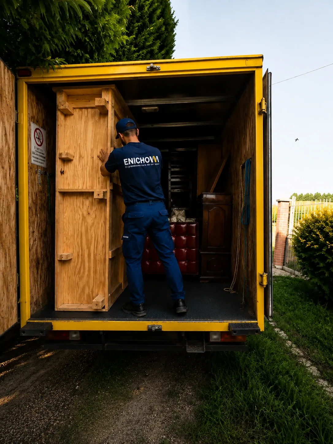 Il camion aperto durante un carico, con un membro della squadra al lavoro.